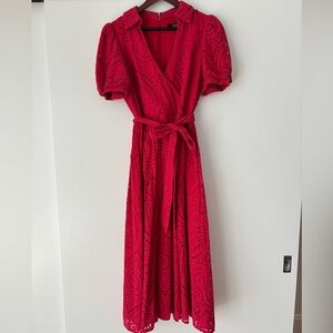 Badgley Mischka Red Eyelet Midi Dress